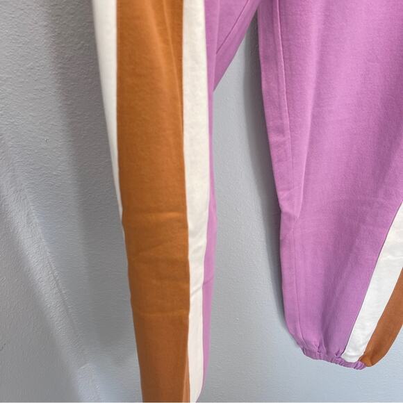 L*Space Home Stretch Colorblock Stripe Jogger Sweatpants Mauve Tan White - Picture 3 of 10